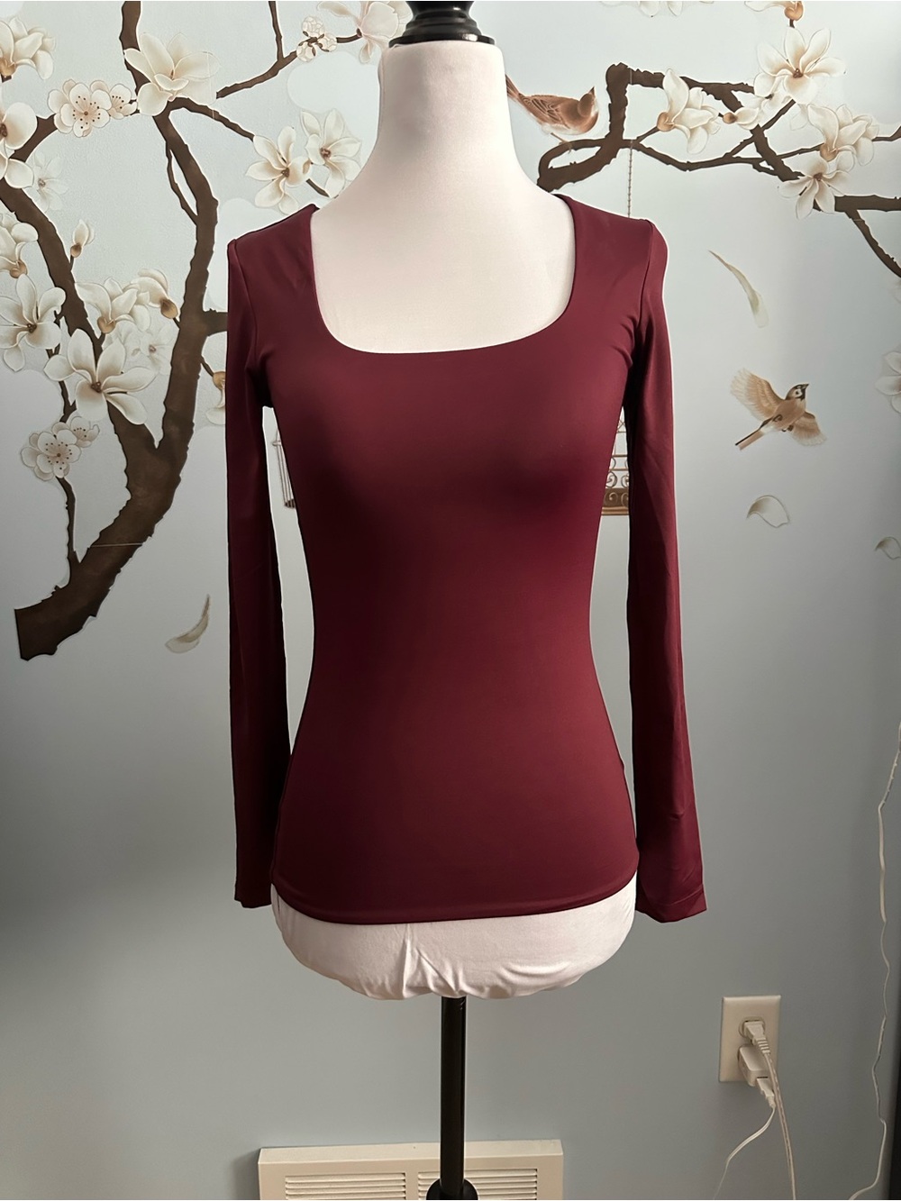 Long Sleeve Square Neck Top in Burgundy